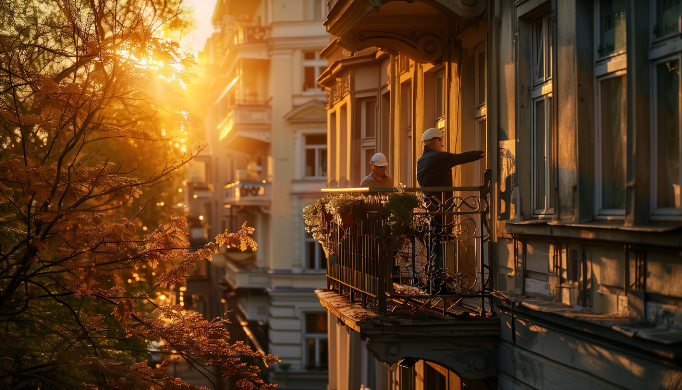 Handwerker bei der Planung der Balkonsanierung auf einem Balkon in Berlin im Sonnenuntergang