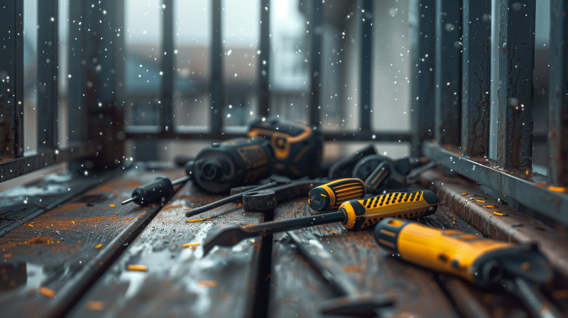 Foto von Werkzeugen, die auf einem Balkon im Schnee liegen